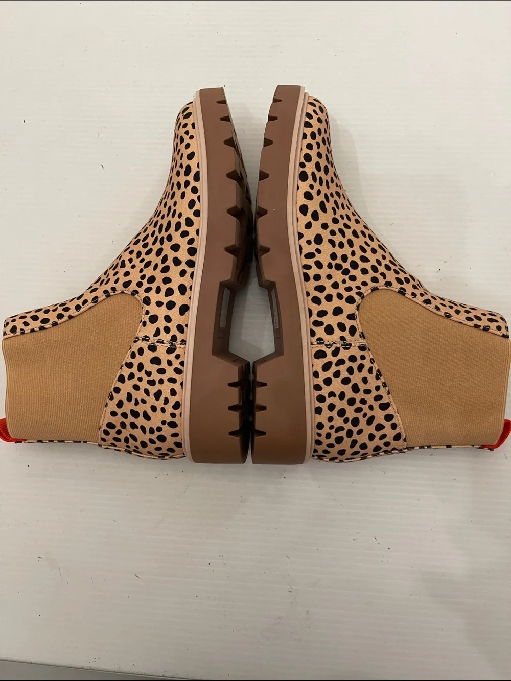 Dolce Vita Leopard Print Chelsea Boot in Tan and Black with Red Pull Tab Women’